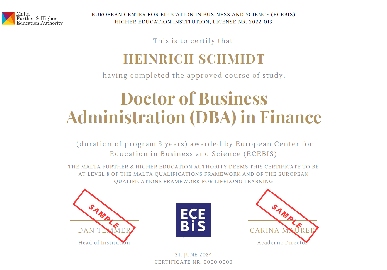 ecebis eu accredited finance dba program certificate